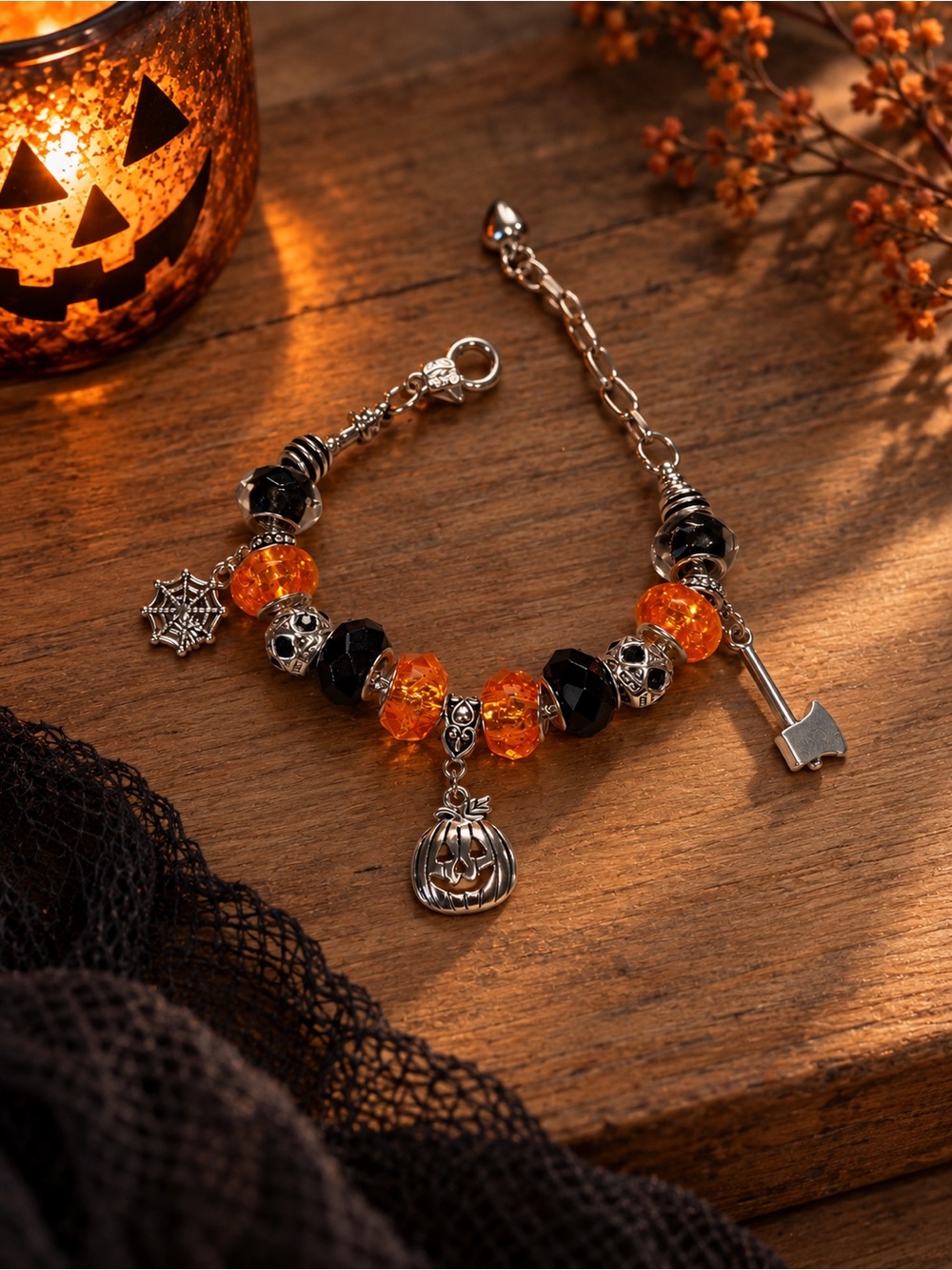 Halloween Handmade Charm Bracelet - Orange & Black Women’s Jewelry